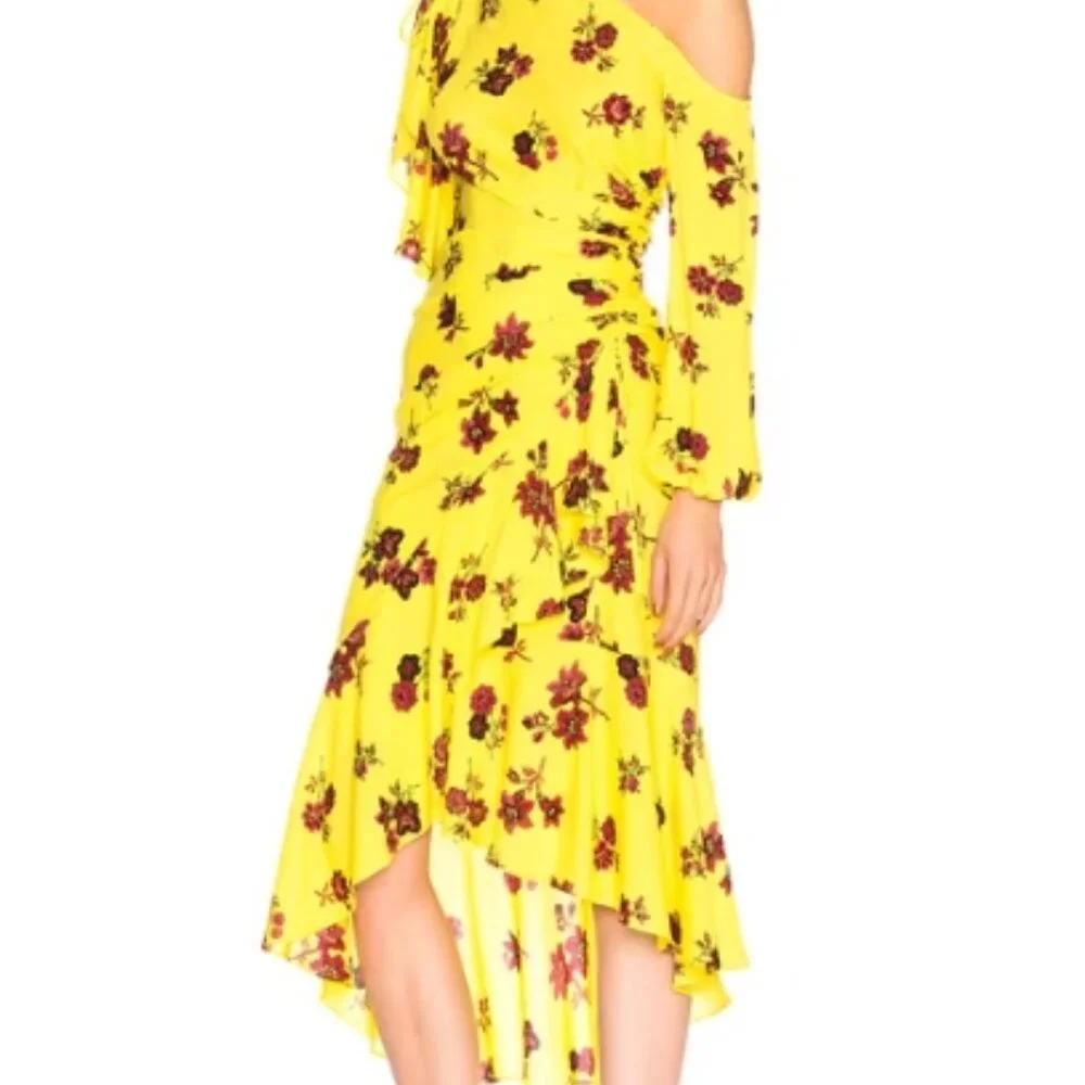 A.L.C Silk Florence Floral Ruffles Asymmetrical Midi Dress Linsey Yellow XS $675